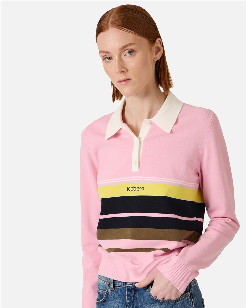 Patterned polo shirt in stretch cotton with contrasting stripes