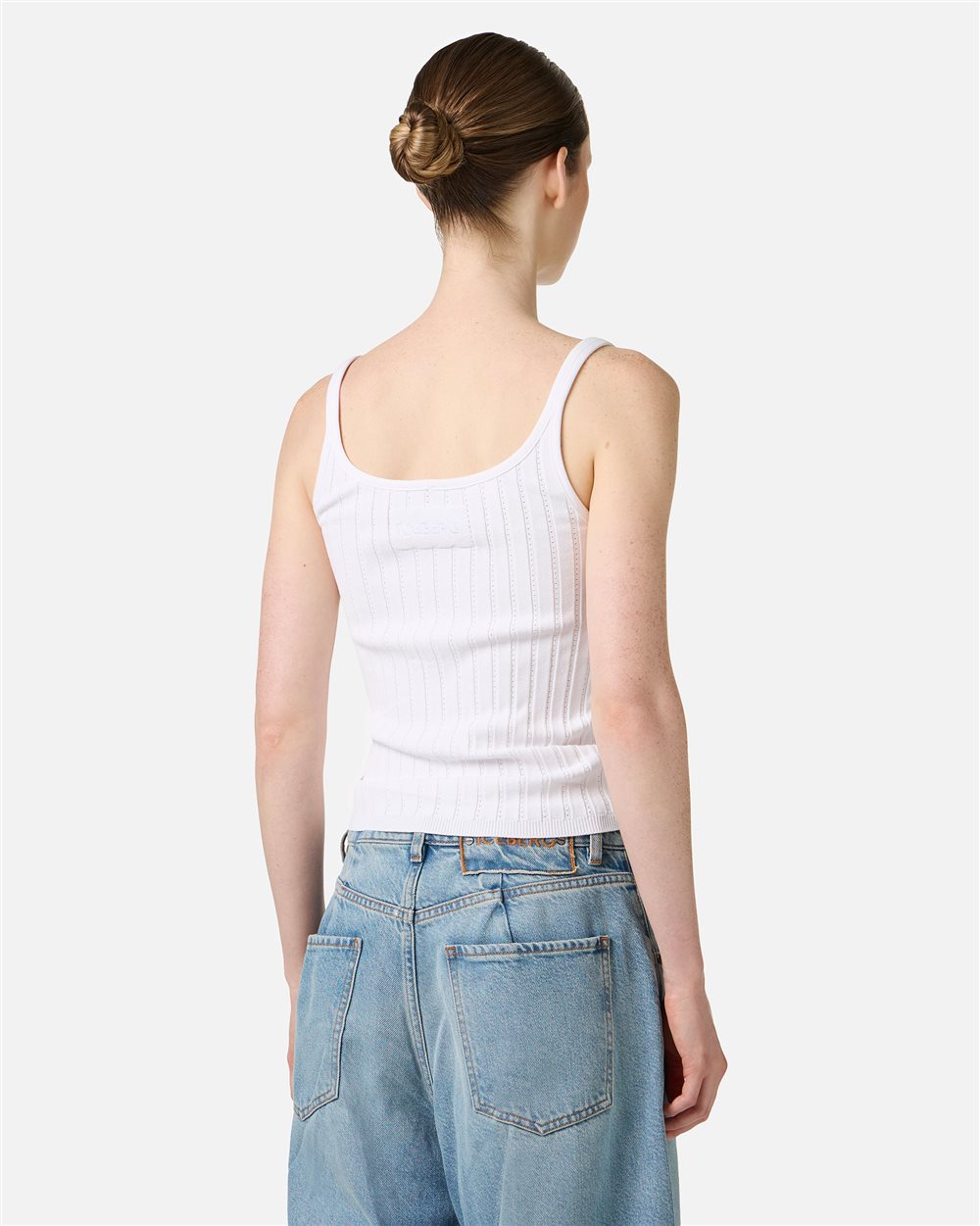 Optic white ribbed tank top in viscose with eyelet details | ICEBERG