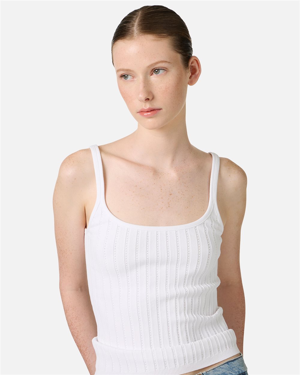 Optic white ribbed tank top in viscose with eyelet details | ICEBERG
