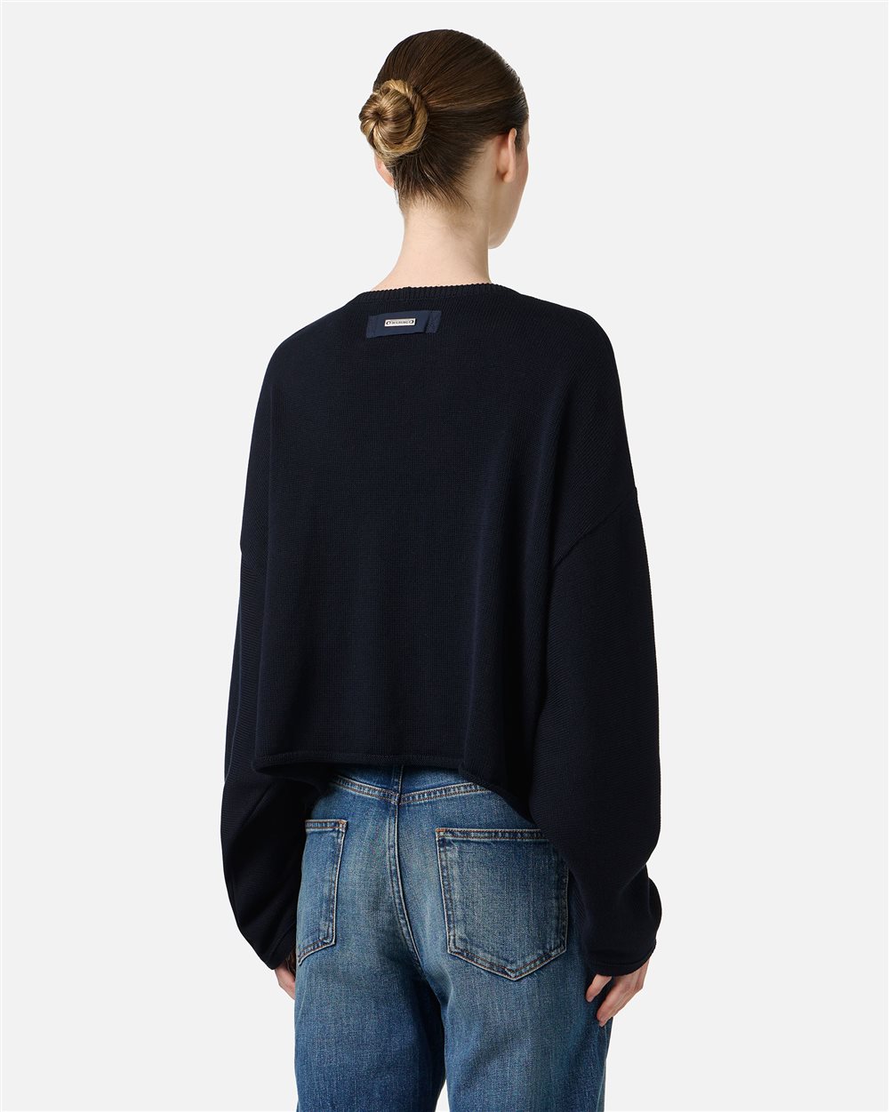 Oversized fit classic blue cotton crew neck sweater with floral
