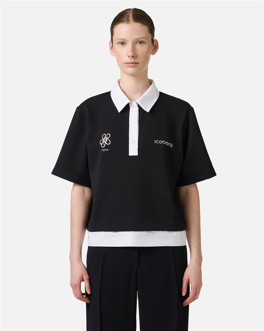 【未使用品】RITAN Flows Skipper Shirts Black cropped fit scuba jersey T-shirt with contrasting details