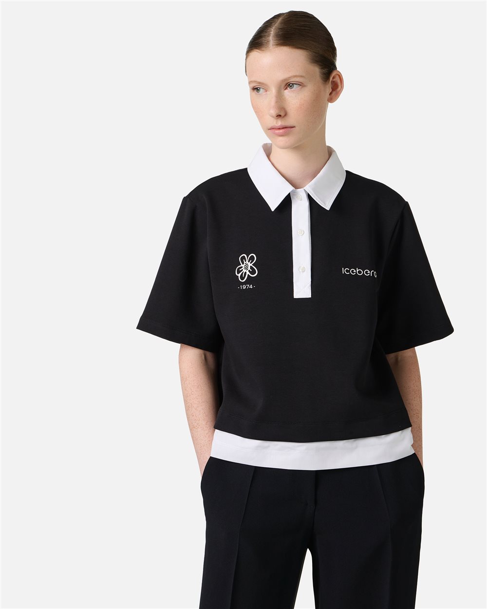 Black cropped fit scuba jersey T-shirt with contrasting details