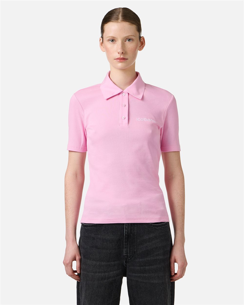 Slim fit pink ribbed jersey polo with Iceberg plaque | ICEBERG