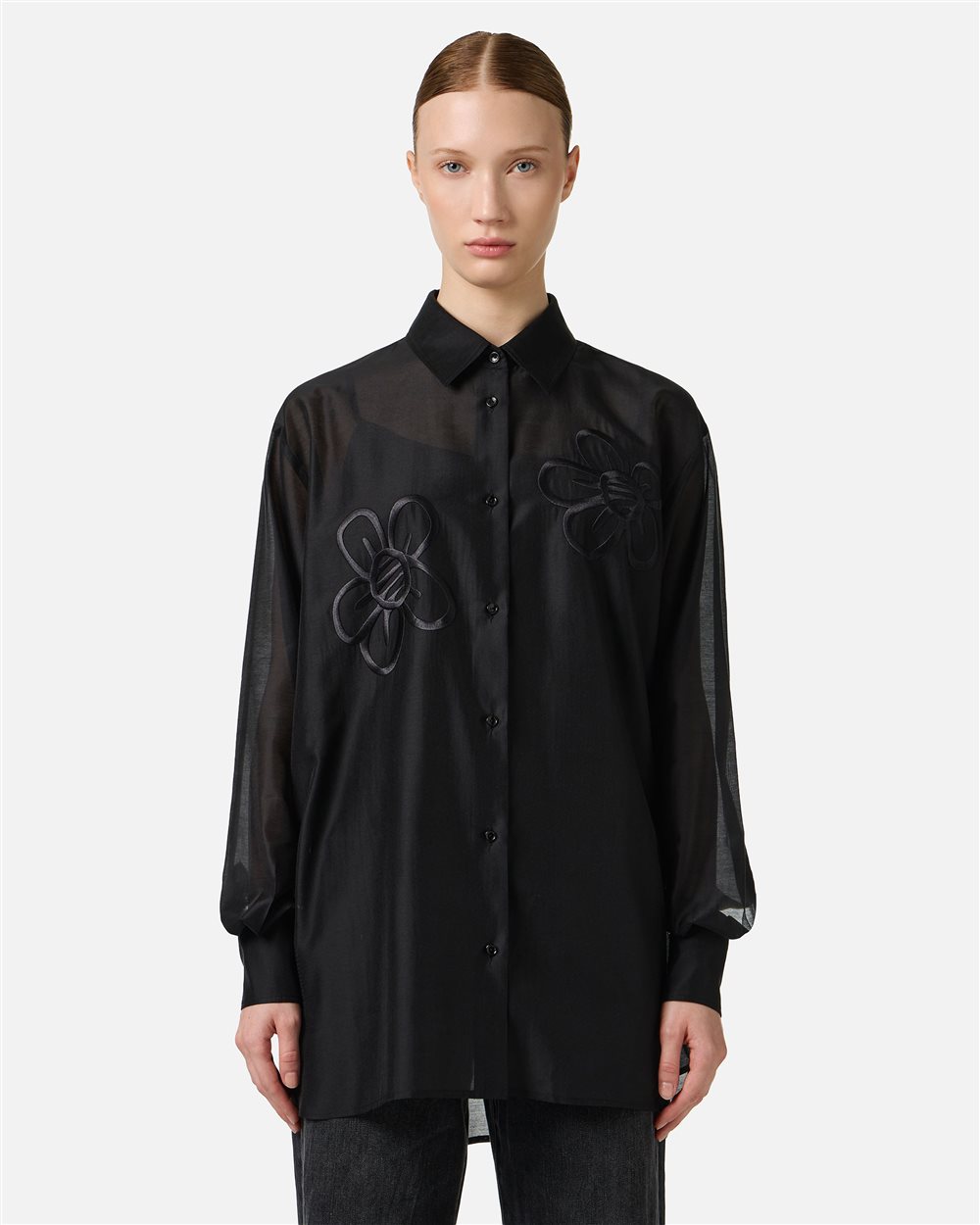 Oversized fit black muslin shirt with floral embroidery | ICEBERG