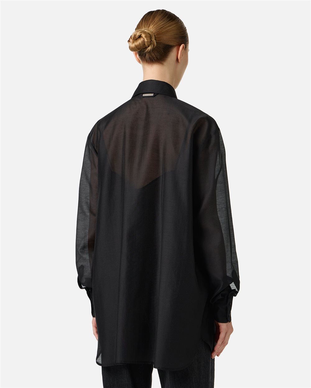 Oversized fit black muslin shirt with floral embroidery | ICEBERG