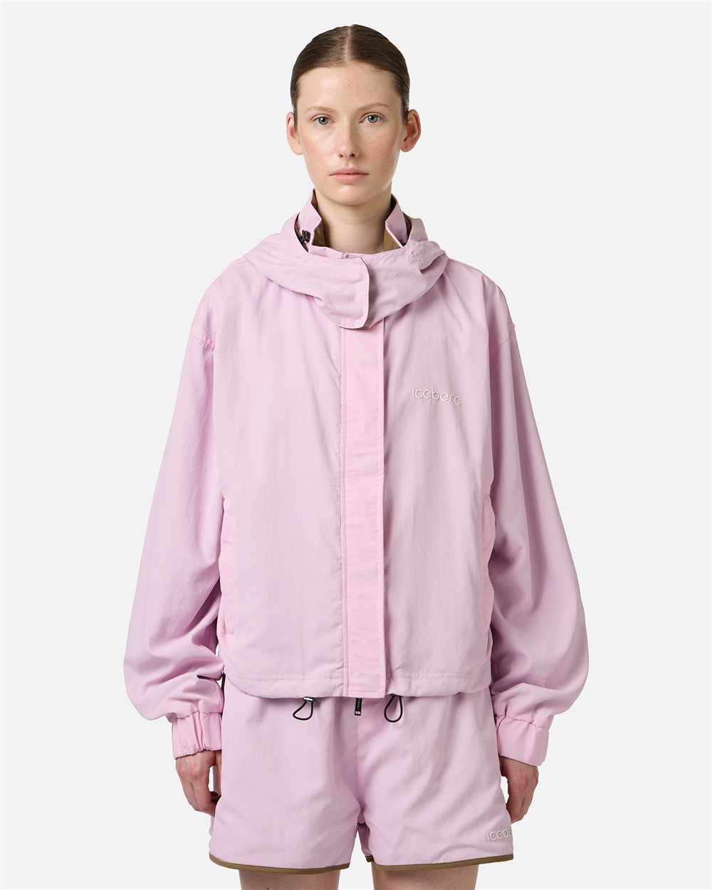Comfort fit pink jacket in technical nylon and Iceberg 3D print