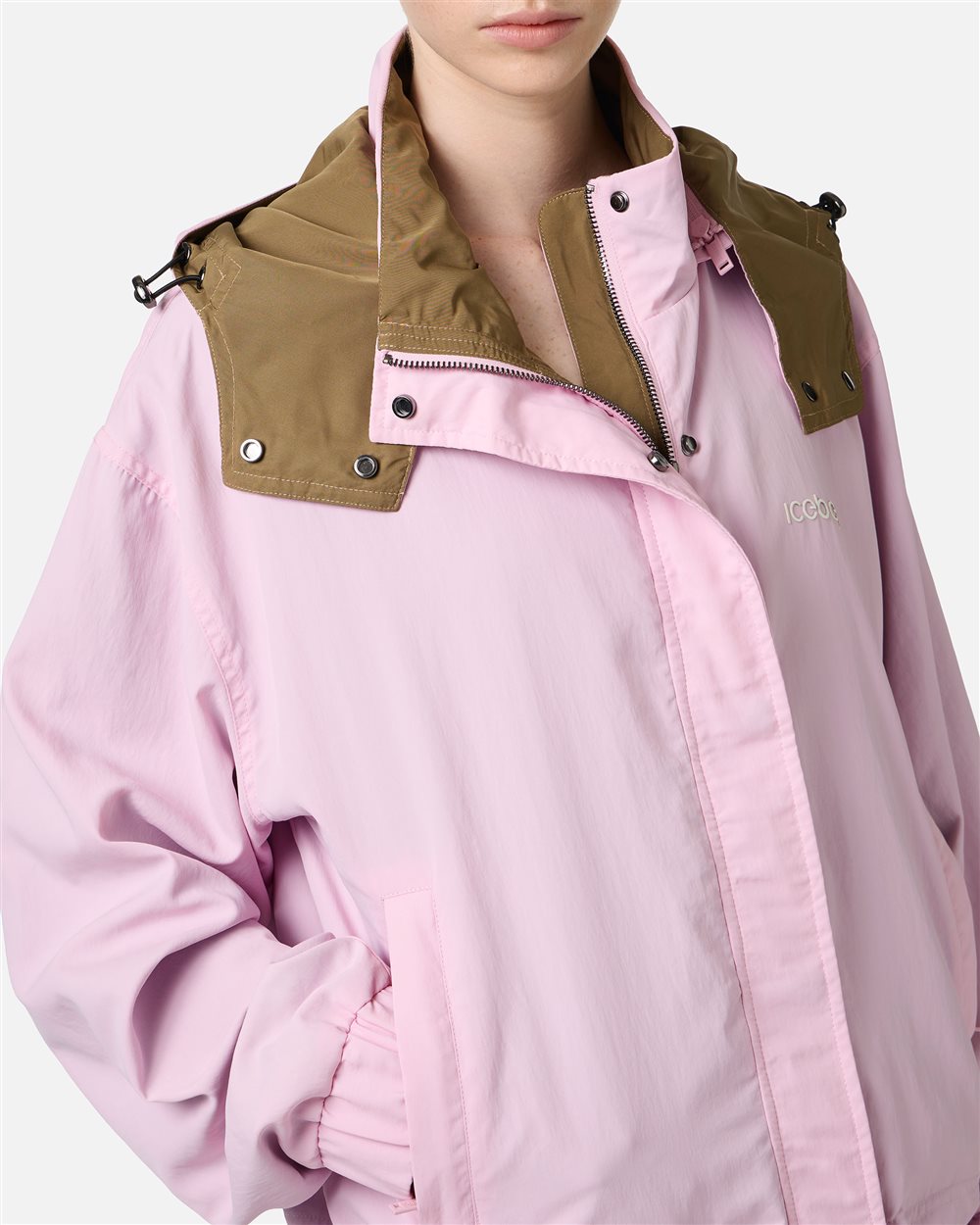 Comfort fit pink jacket in technical nylon and Iceberg 3D print