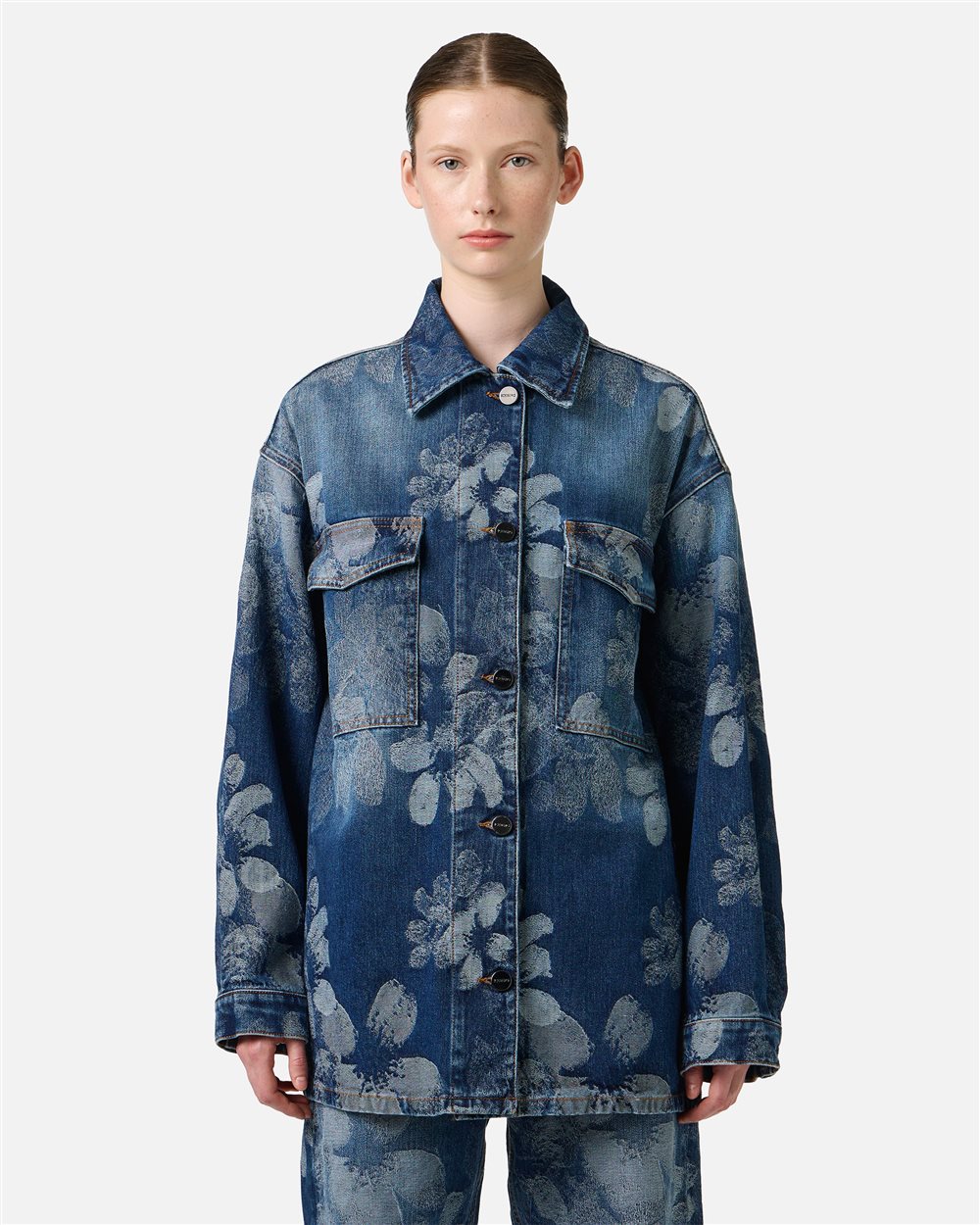 Indigo, comfort fit jacket in jacquard denim with a floral motif
