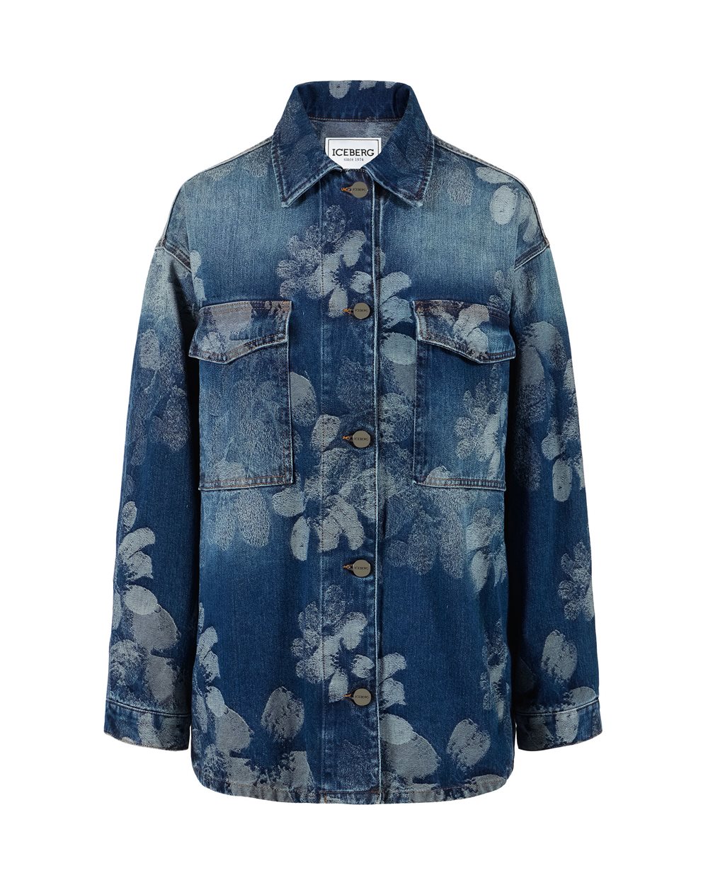 Indigo, comfort fit jacket in jacquard denim with a floral motif
