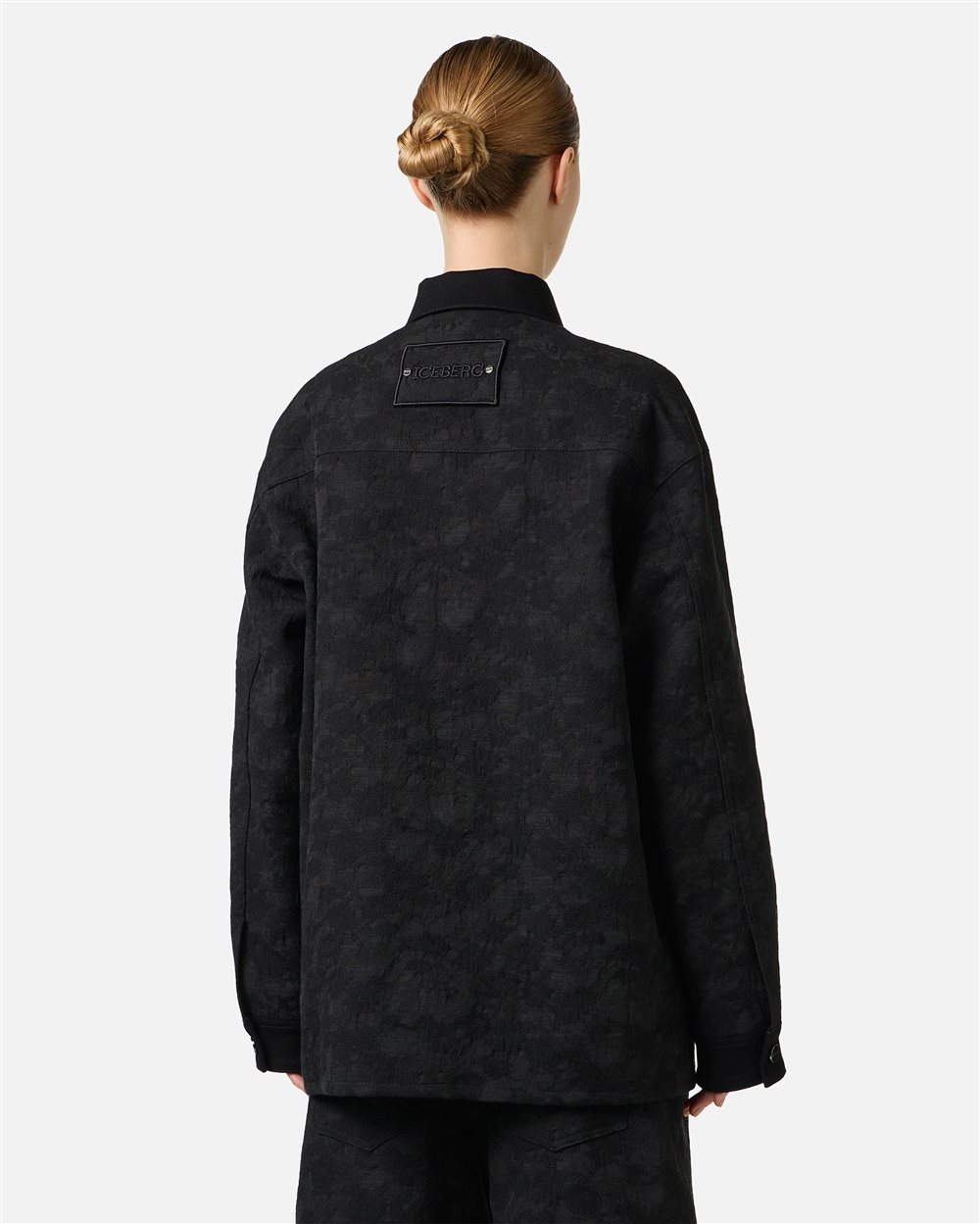 Black, comfort fit jacket in jacquard fabric with a floral motif