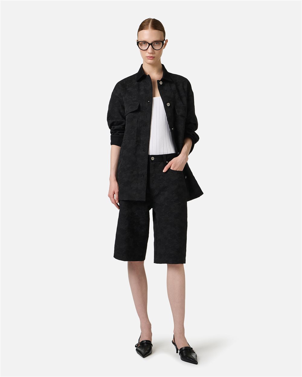 Black, comfort fit jacket in jacquard fabric with a floral motif