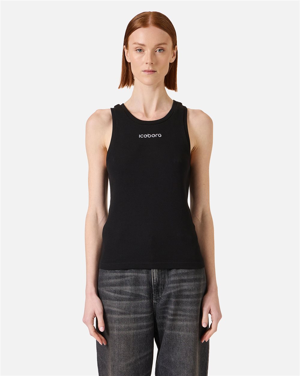 Black ribbed stretch cotton jersey tank top | ICEBERG