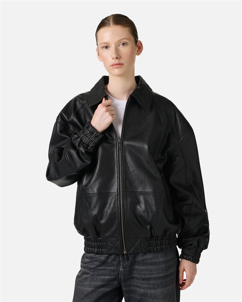 Black leather bomber short jacket | ICEBERG