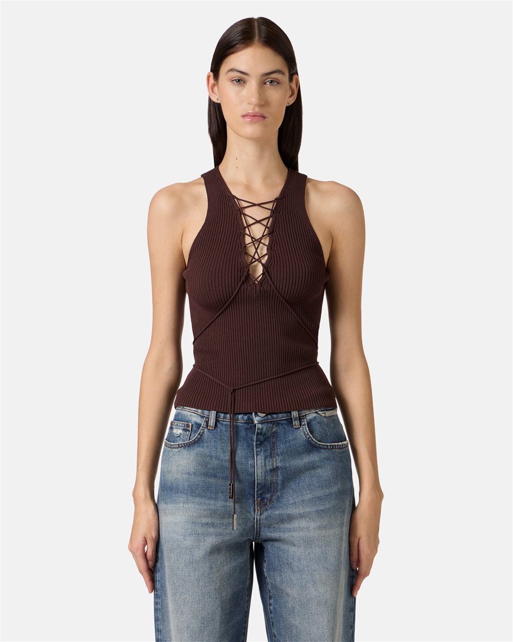 Brown ribbed viscose-blend tank top with ties | ICEBERG