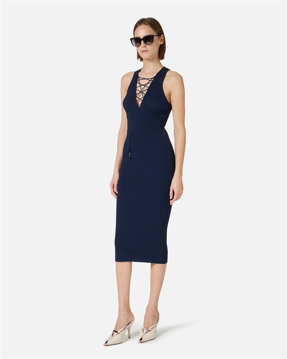 Iceberg Classic blue dress in ribbed viscose blend with braided ties