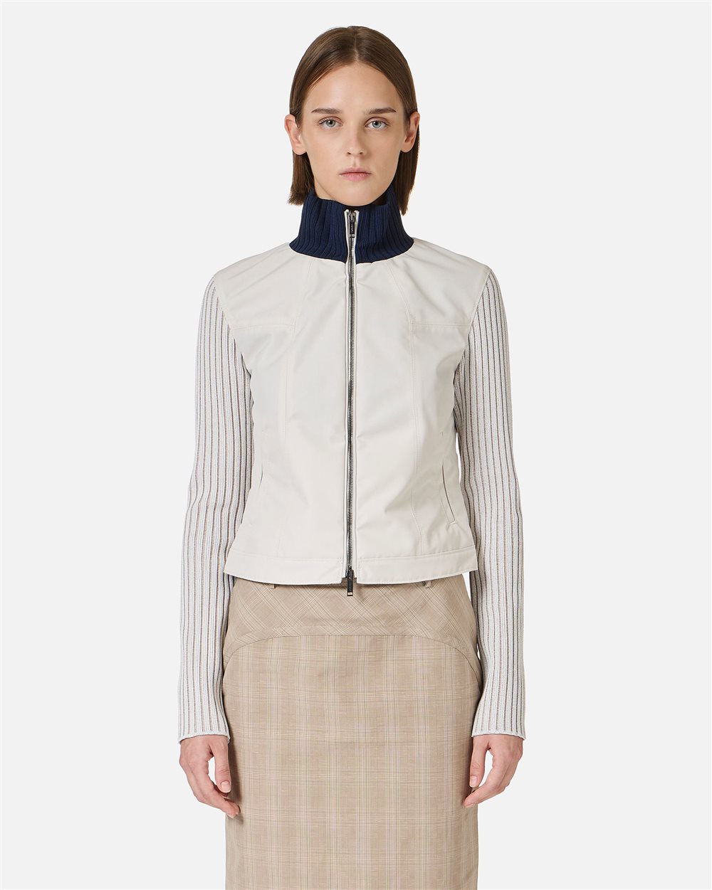 Sand-colored cropped slim fit nylon short jacket with ribbed