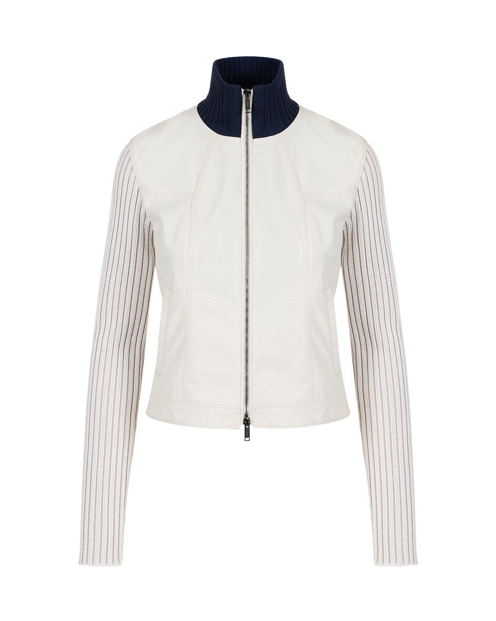 Sand-colored cropped slim fit nylon short jacket with ribbed