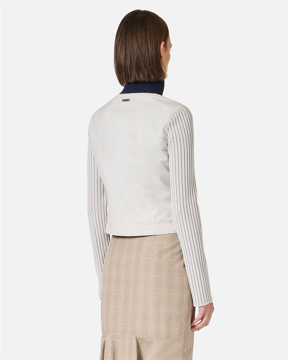 Sand-colored cropped slim fit nylon short jacket with ribbed
