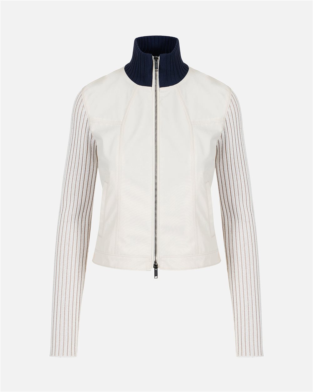 Sand-colored cropped slim fit nylon short jacket with ribbed