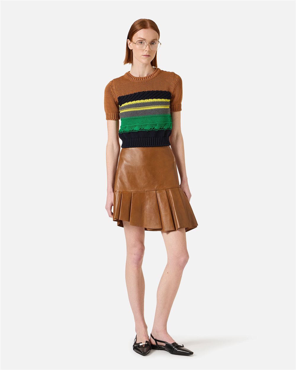 Leather tan-colored mini skirt with side ruffle | ICEBERG