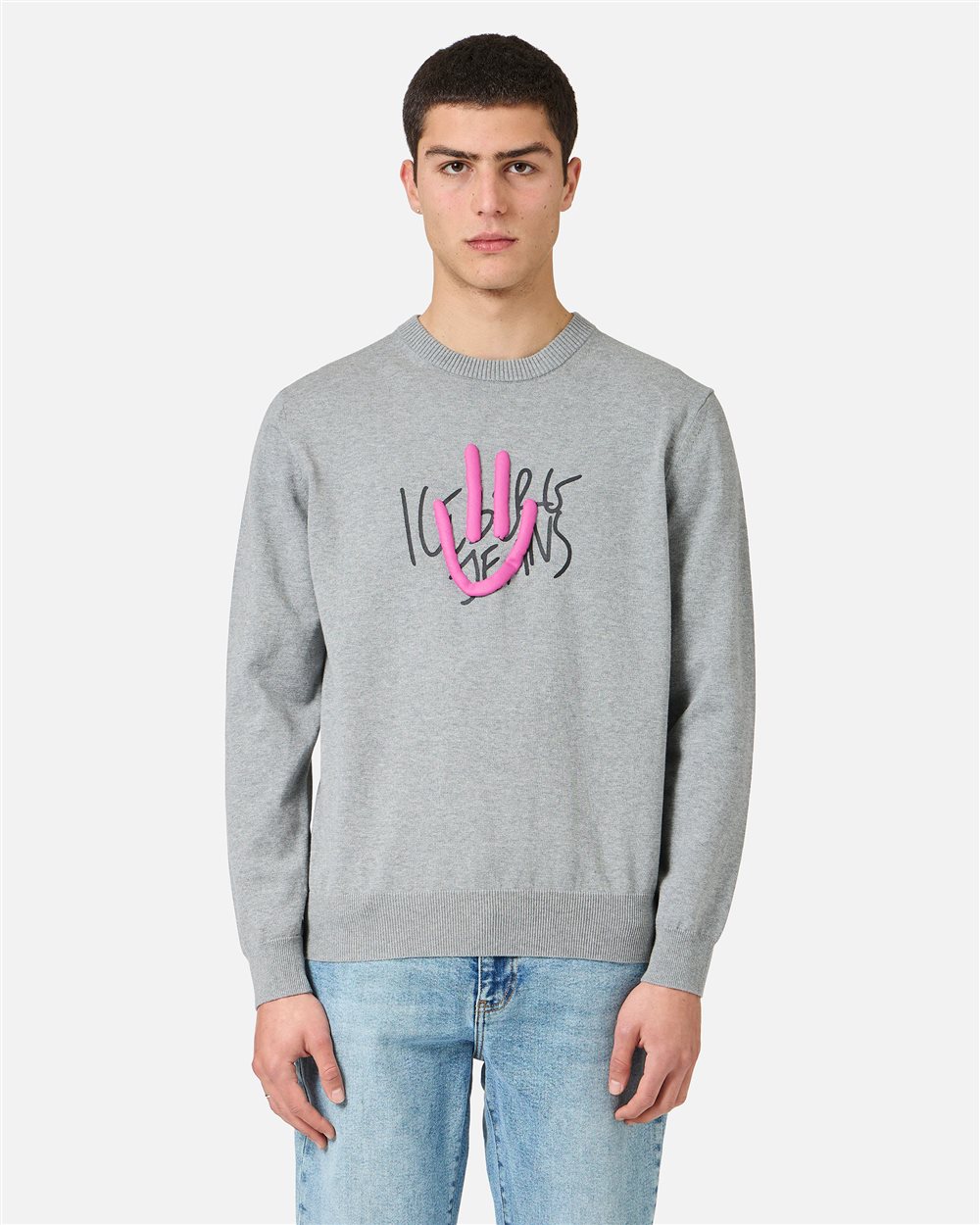 Regular fit light gray melange cotton crew neck sweater | ICEBERG
