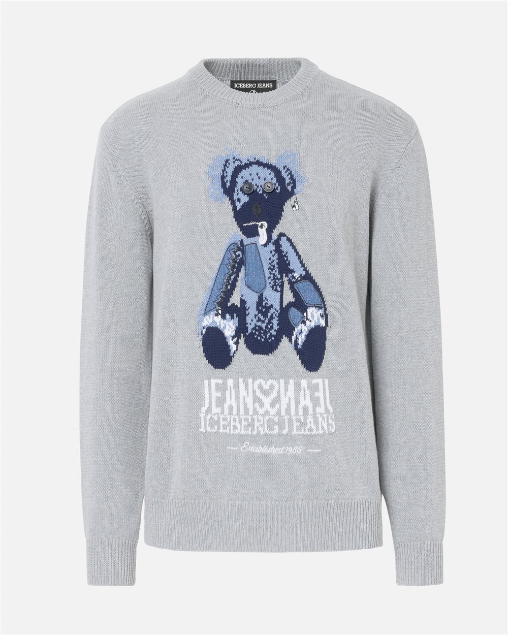 Light gray melange, pure cotton crew neck sweater with teddy bear