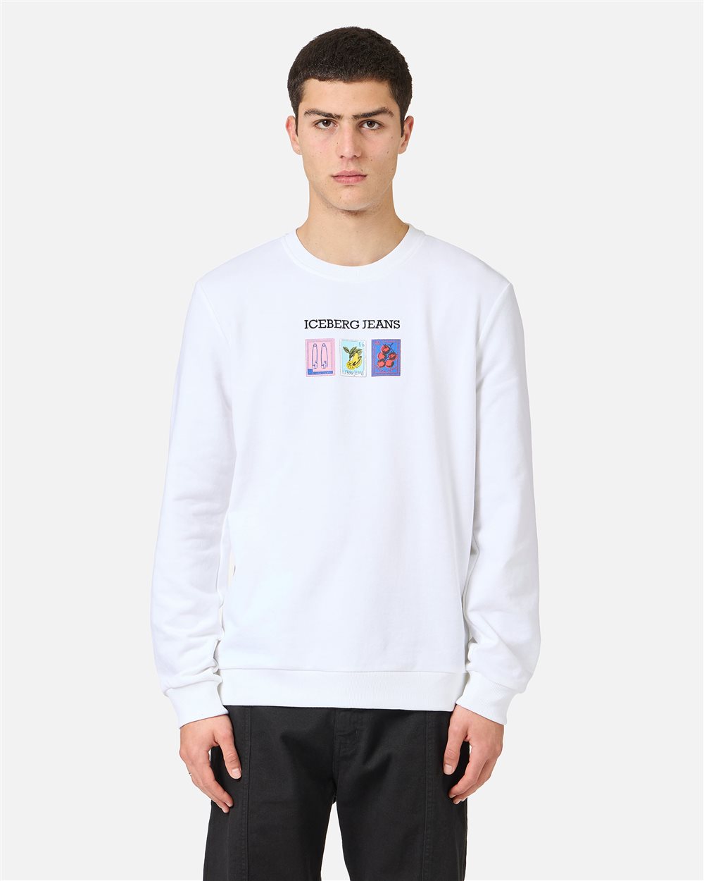 Relaxed fit optic white cotton crew neck sweatshirt in non-brushed