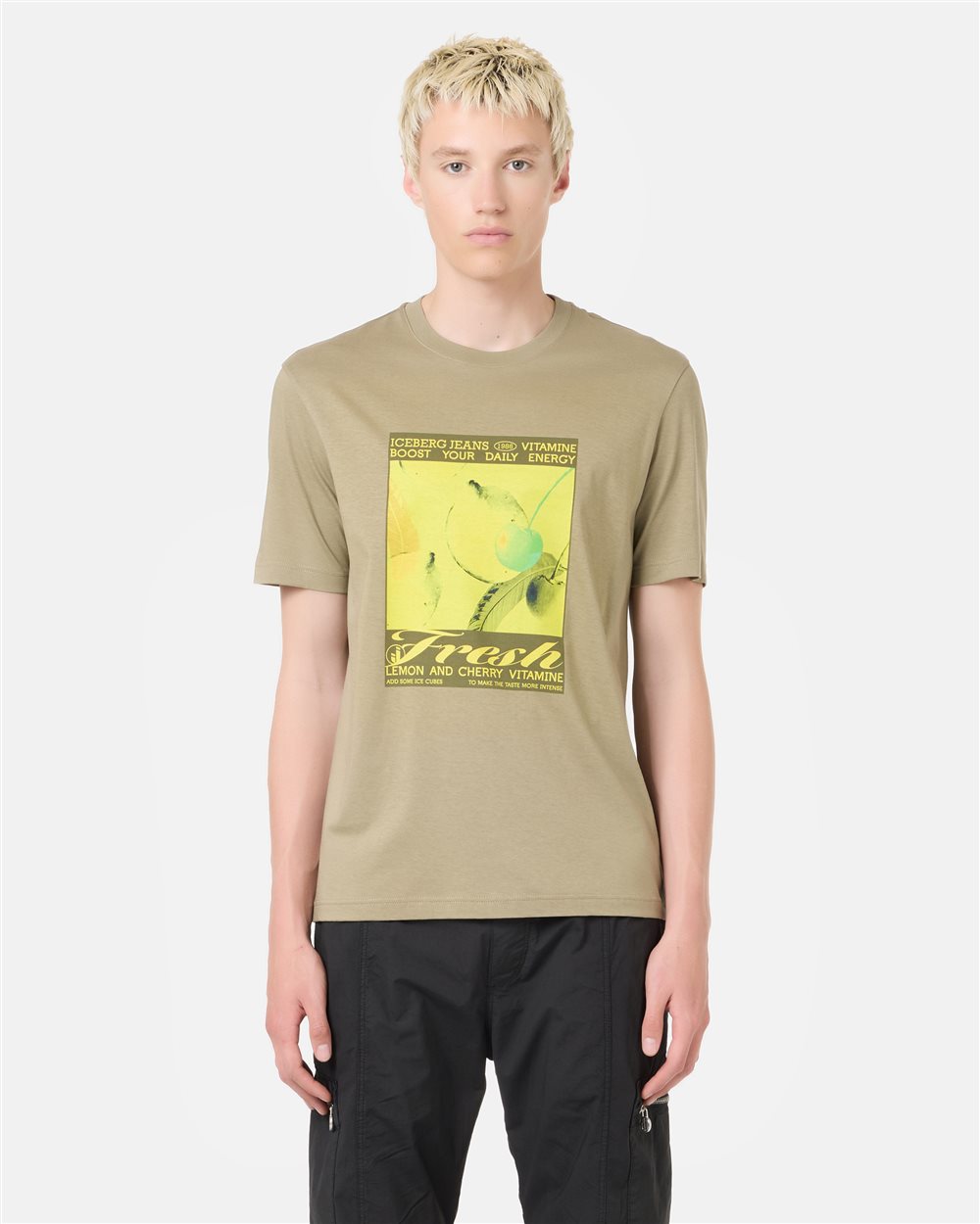 Regular fit sage green cotton jersey T-shirt with Fresh lemons