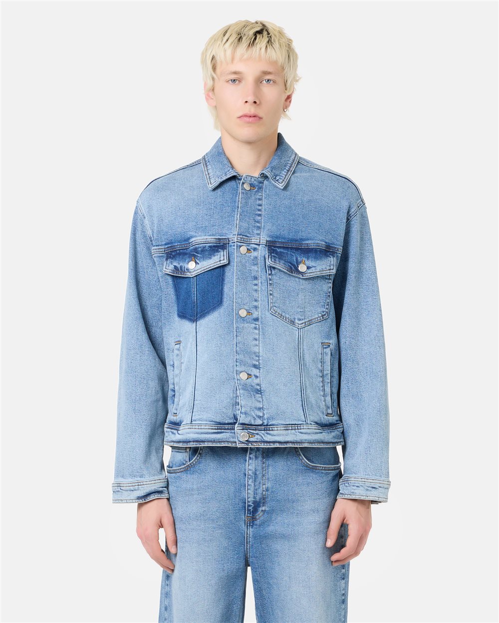 Indigo 5-pocket stretch cotton denim jacket with teddy bear print