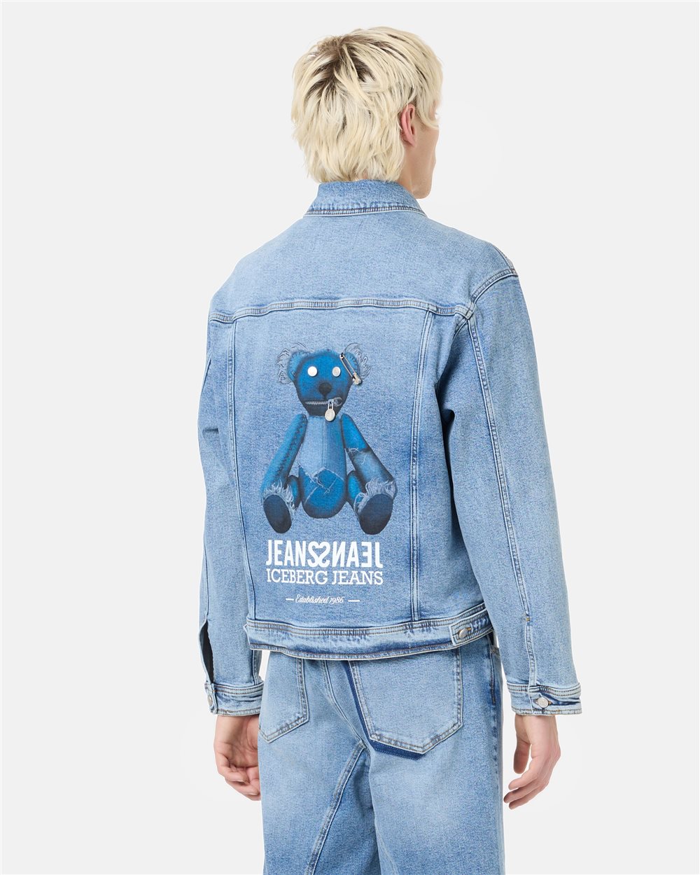 Indigo 5-pocket stretch cotton denim jacket with teddy bear print