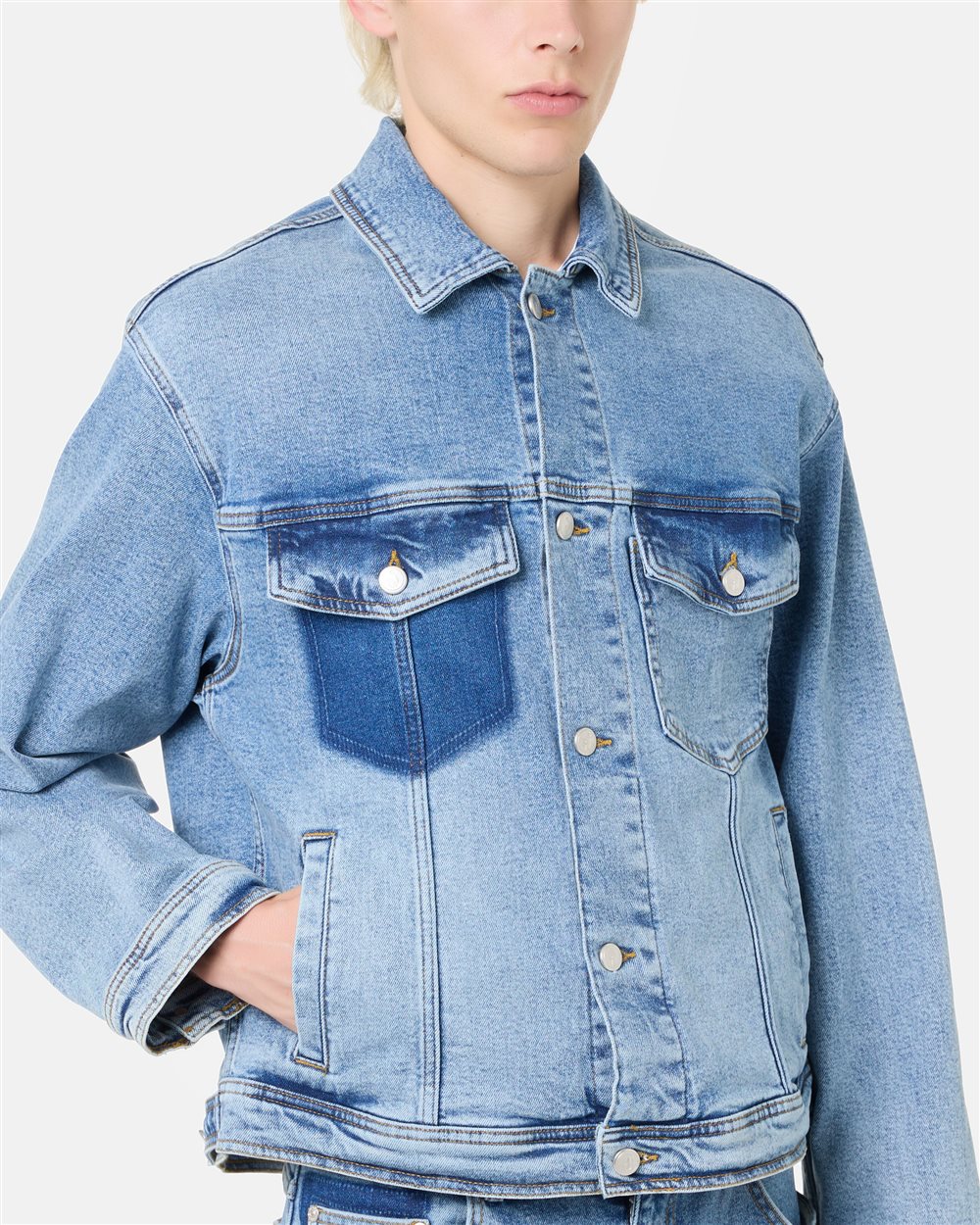 Indigo 5-pocket stretch cotton denim jacket with teddy bear print