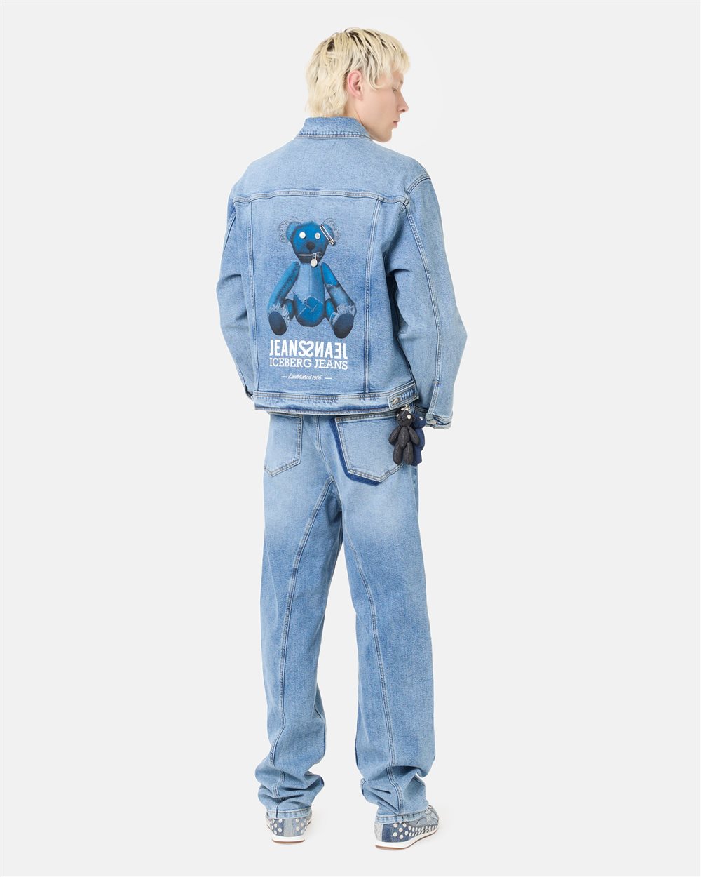 Indigo 5-pocket stretch cotton denim jacket with teddy bear print