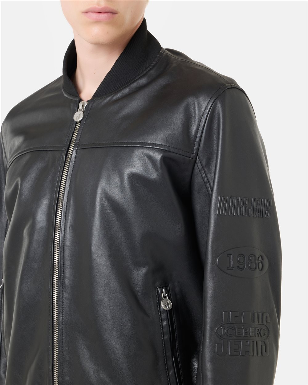 Black, varsity fit lambskin leather jacket | ICEBERG