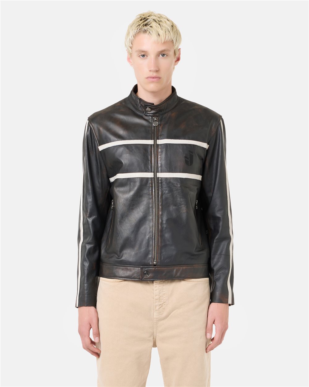 Brown and white lambskin biker fit short jacket | ICEBERG