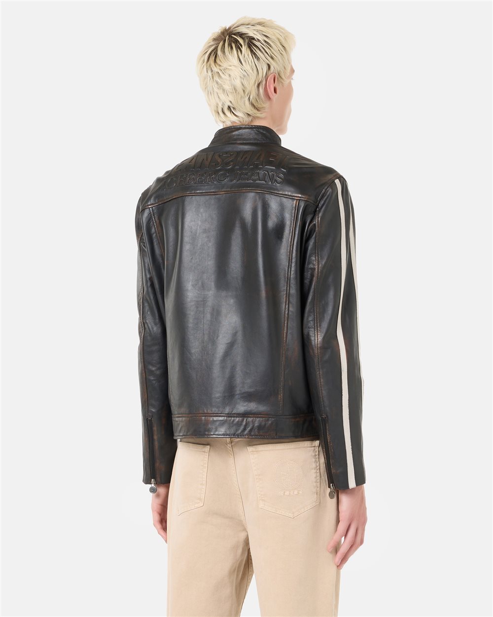 Brown and white lambskin biker fit short jacket | ICEBERG
