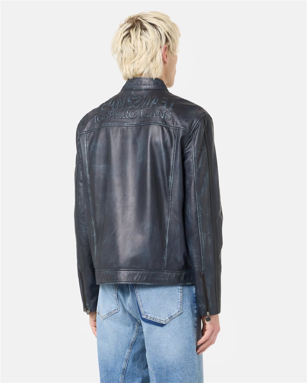 Blue and black lambskin biker fit short jacket | ICEBERG