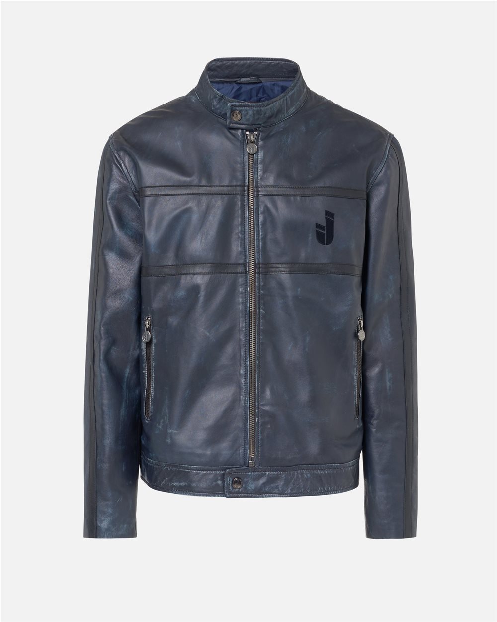 Blue and black lambskin biker fit short jacket | ICEBERG