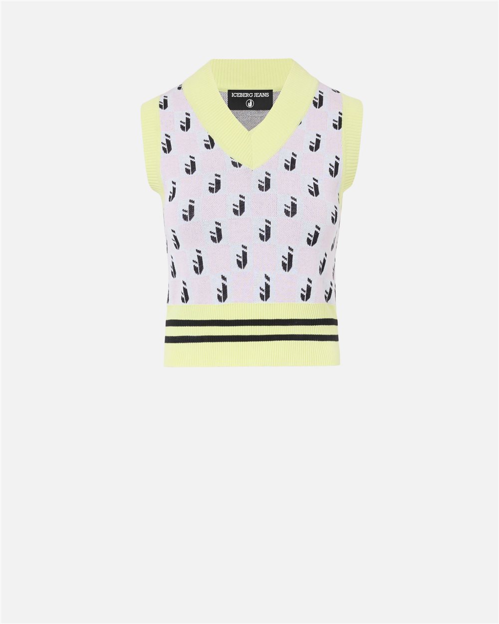 Pink and yellow, pure cotton jacquard V-neck vest with a