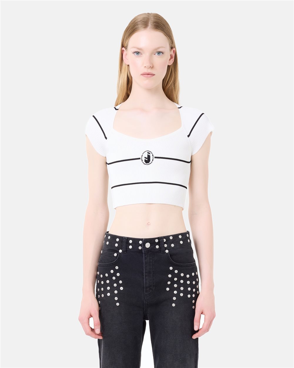 Black and white striped crop top in micro-ribbed viscose blend