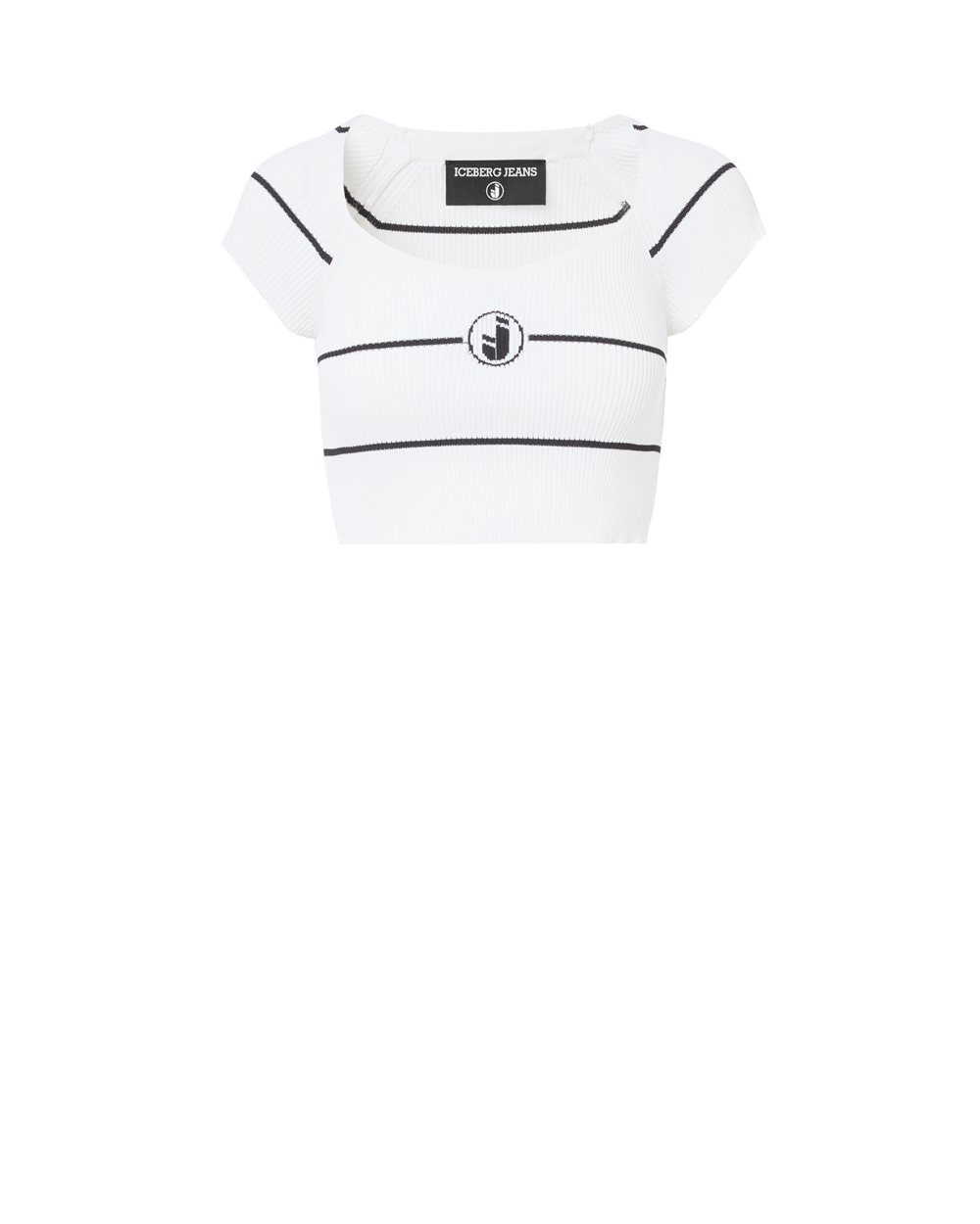 Black and white striped crop top in micro-ribbed viscose blend