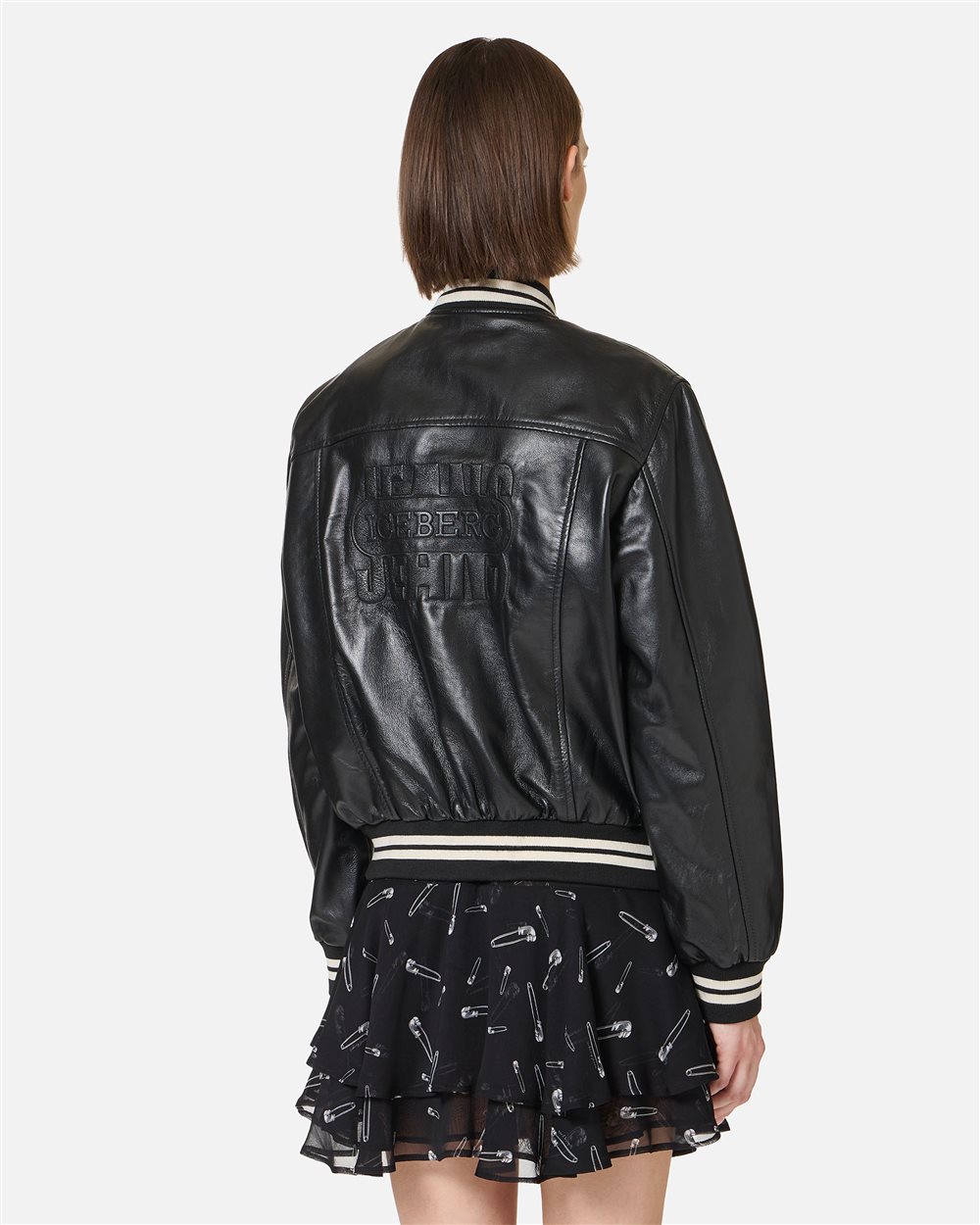 Black and white, varsity fit lambskin leather jacket | ICEBERG