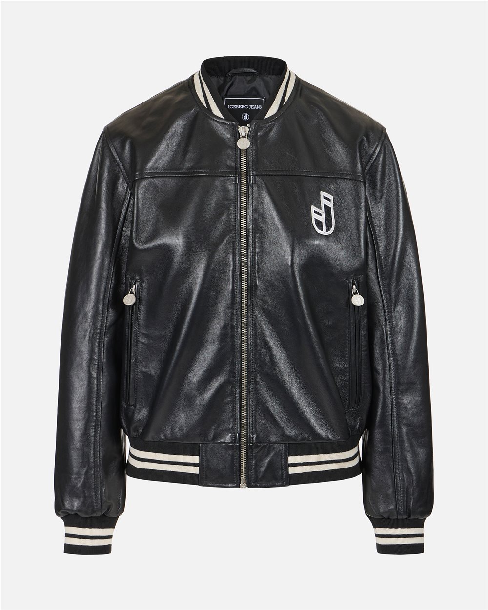 ICEBERG ジップデザイン　ライダースジャケット　icejeans Black and white, varsity fit lambskin leather jacket | ICEBERG