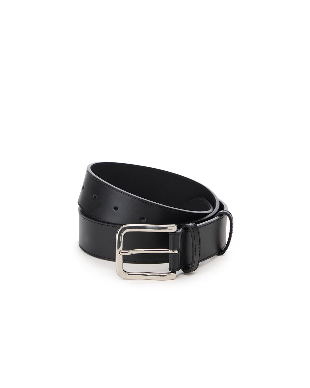 Black smooth leather belt with thick silver logo on the tip 