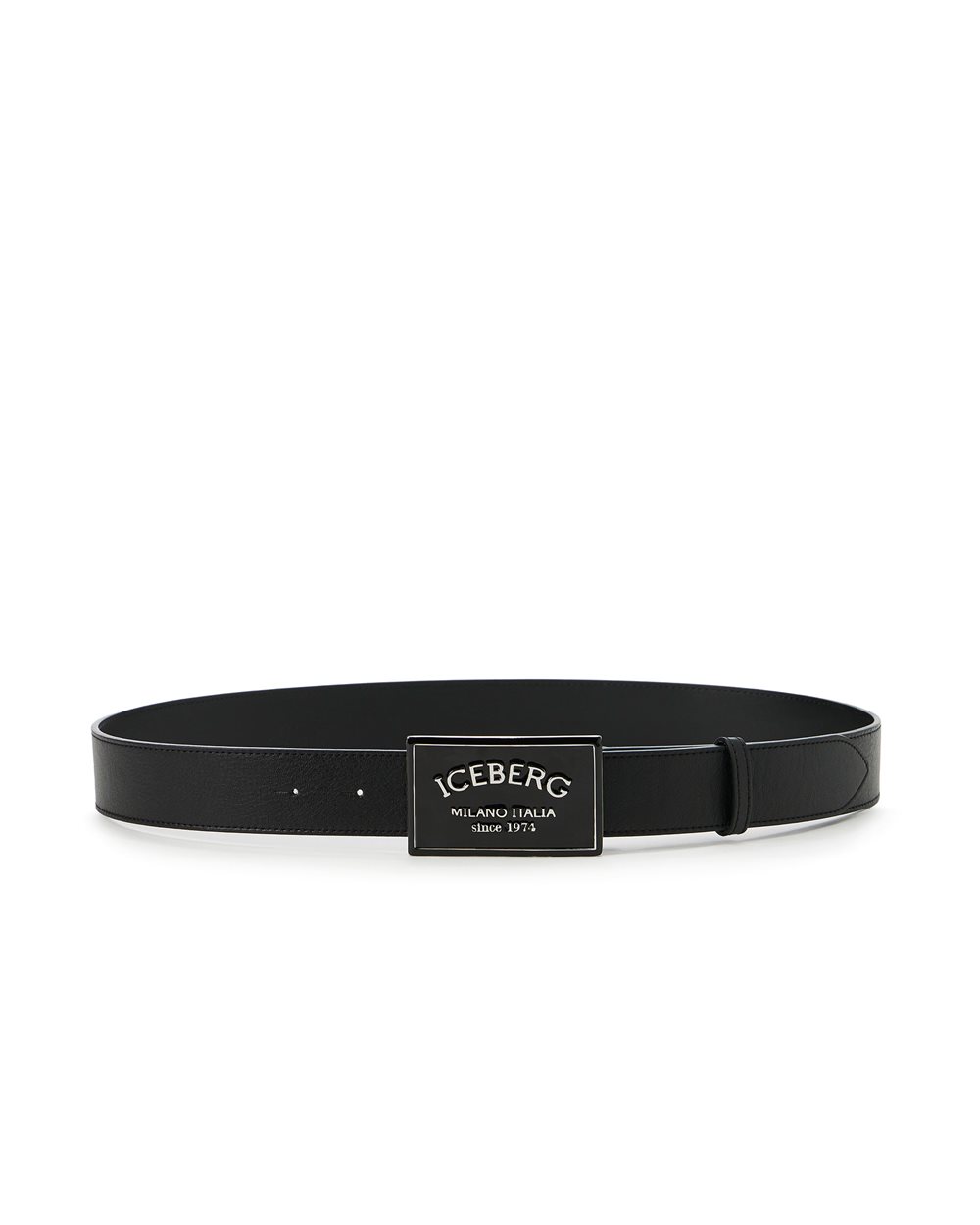 Black, smooth leather belt with laminated logoed buckle  display picture 3