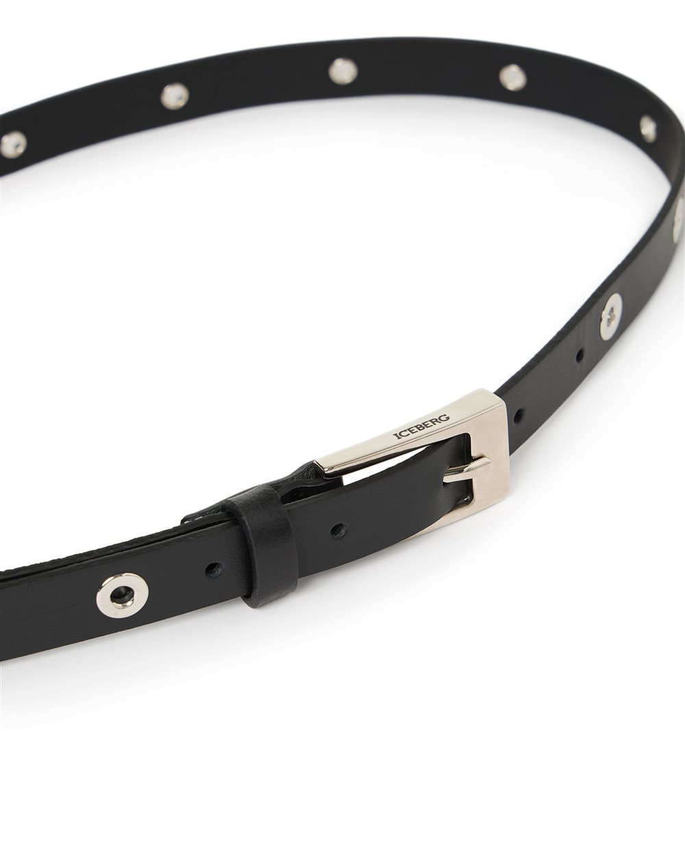Slim black leather belt with metal eyelets | ICEBERG display picture 1